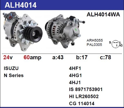 Генератор ISUZU ELF 4HF1, 4HG1, 24V, 60А, с вакуумным насосом, круглая фишка 1803004, ALH4014NW (KRAUF)