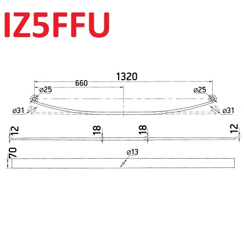Лист рессорный ISUZU 5T передний коренной 70-18-12-1350 параболический, ЦО 13мм, втулки 25-31-68 IZ5FFU (GSP)